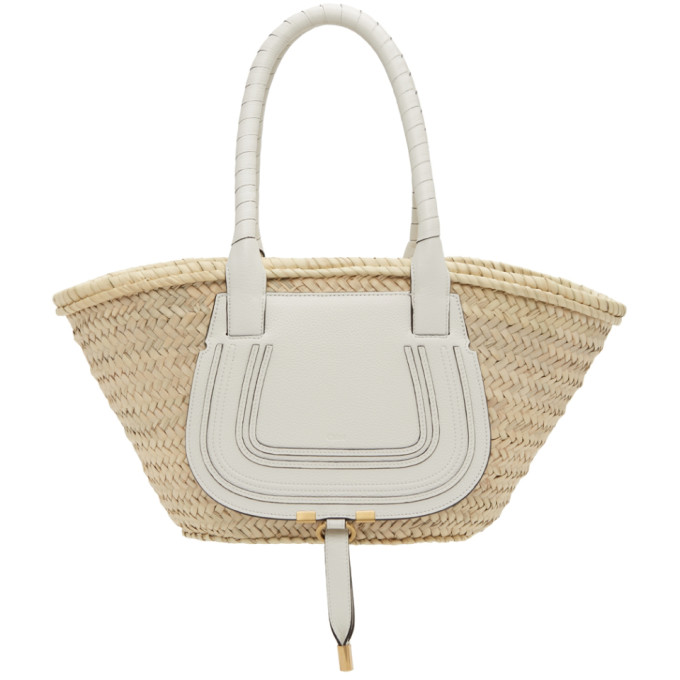 Chloé Marcie Medium Raffia And Leather Basket Bag In 101 White