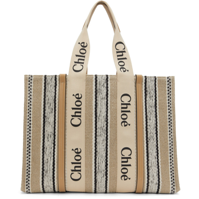 Chloé Tan Large Striped Woody Tote In 275 Soft Tan