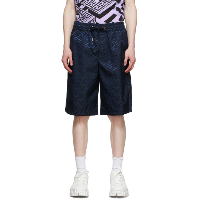 Shop Versace Navy La Greca Shorts In 1u830 Navy