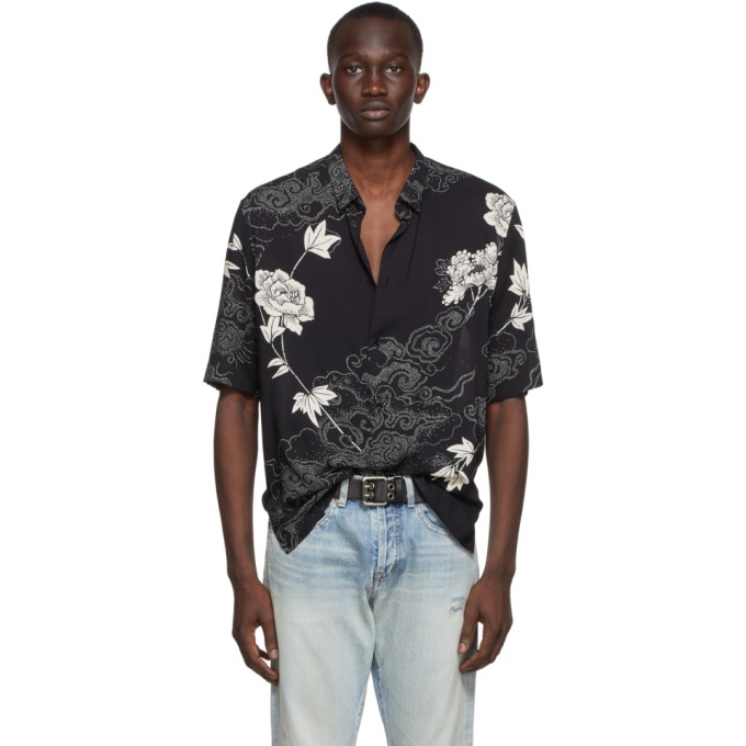 Click to view more detailed imagery on our partner's website Saint Laurent Black Floral-print Short-sleeved Shirt In Black White
