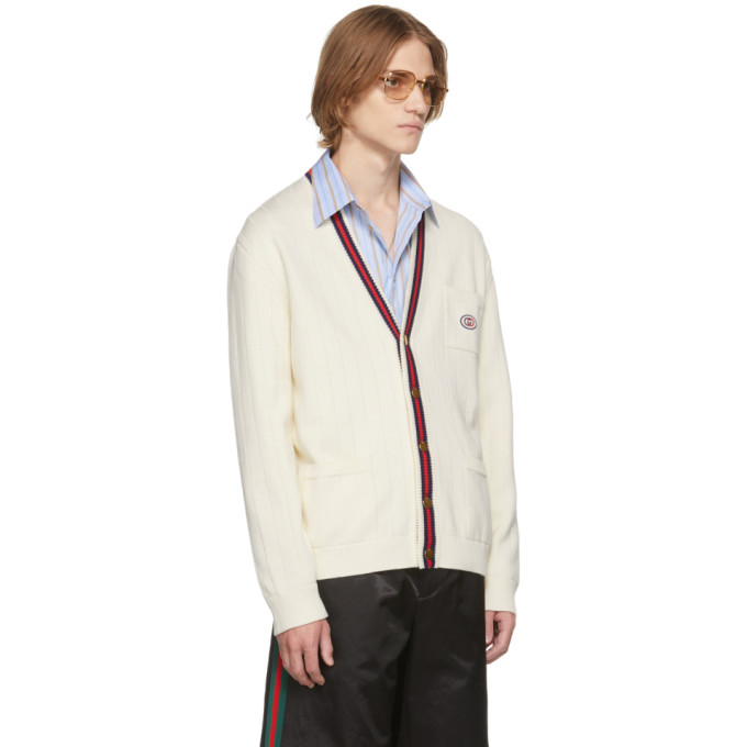 Shop Gucci Off-white Cotton Web Cardigan In 9182 Ivory Red Ink
