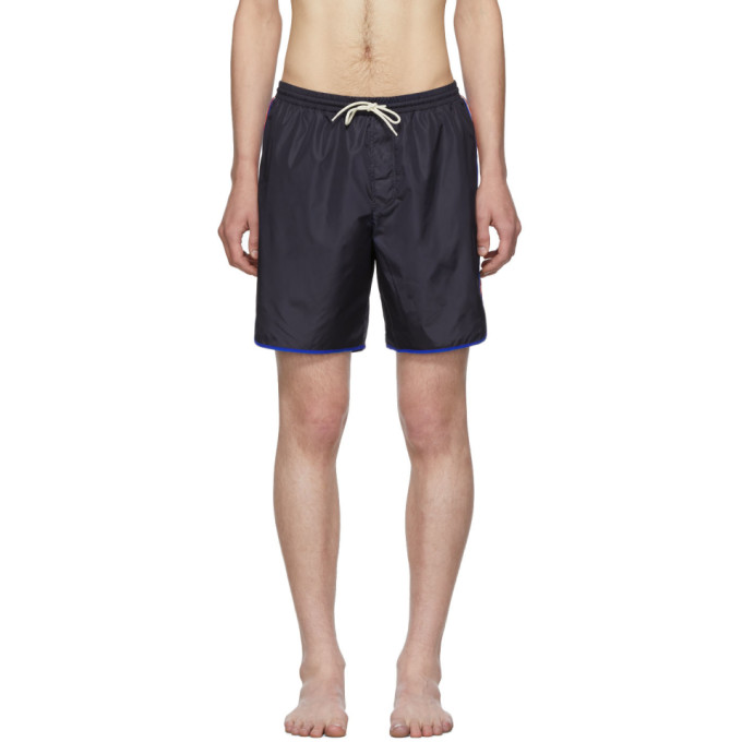 Shop Gucci Navy Logo Stripe Swim Shorts In 4487 Blue