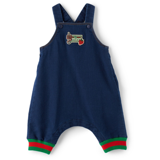 GUCCI BABY NAVY DENIM LOGO OVERALLS