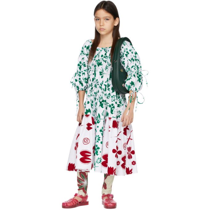 Chopova Lowena Kids White & Green Flocked Gathered Dress In Multi