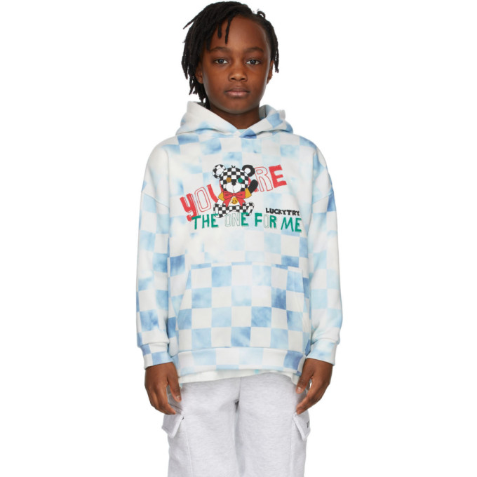 Shop Luckytry Kids Blue Vintage Checked Bear Hoodie