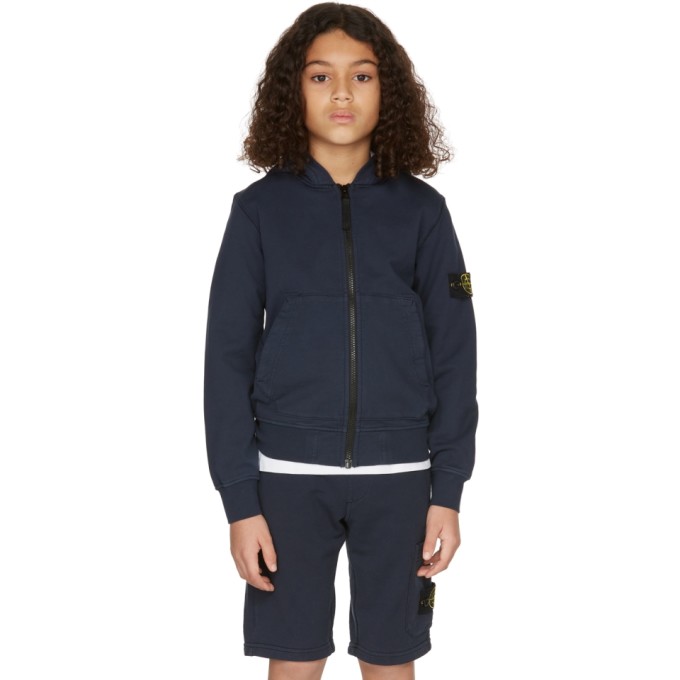 Shop Stone Island Junior Kids Navy Zip-up Hoodie In V0020 Navy Blue