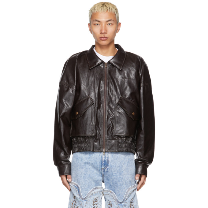 Y/PROJECT BROWN DRAPED SHOULDER BOMBER FAUX-LEATHER JACKET