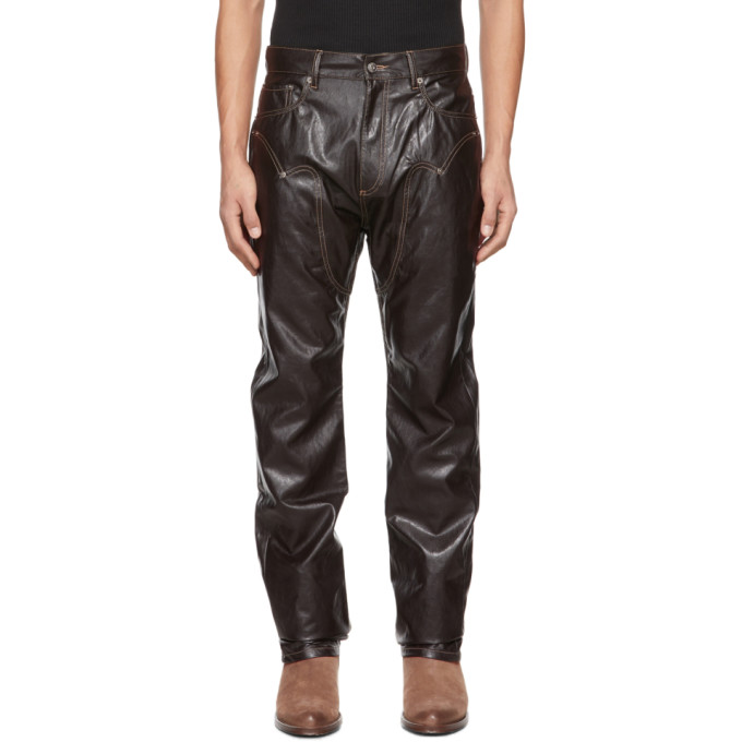 Y/project Brown Cowboy Faux-leather Pants In Dark Brown