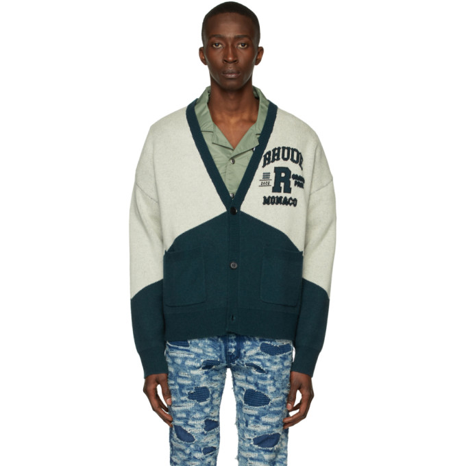 Rhude Off-white & Green Grand Prix Cardigan In Crème/blk/hunter Gre