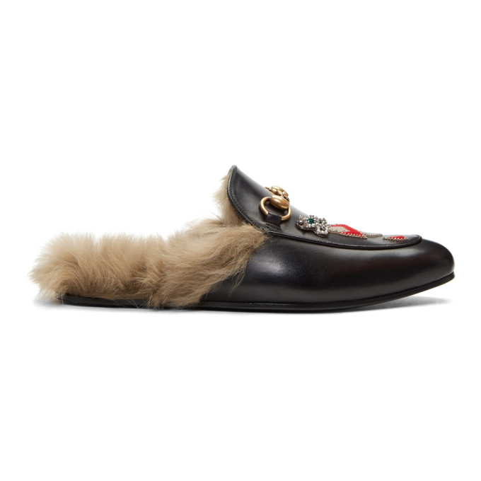Gucci Black Lion & Pierced Heart Princetown Slip-On Loafers