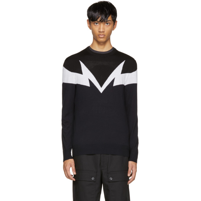 NEIL BARRETT Black & Navy Mirrored Thunderbolt Pullover