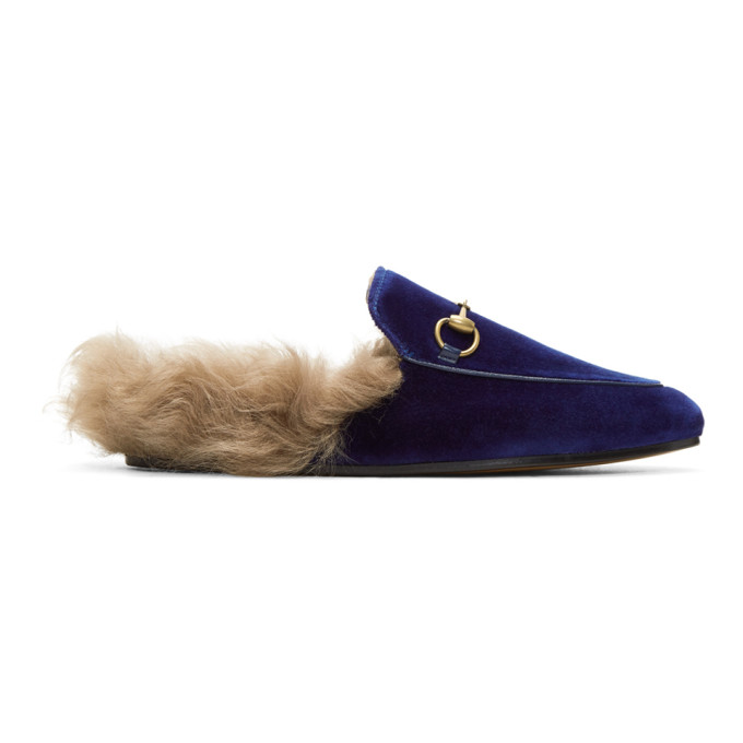 Gucci Blue Velvet & Fur Princetown Slippers