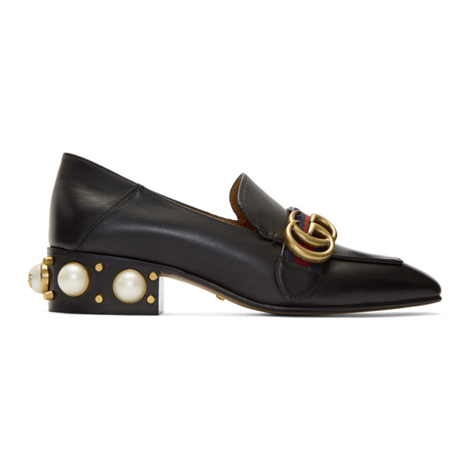 Gucci Black Leather Pearl Loafers