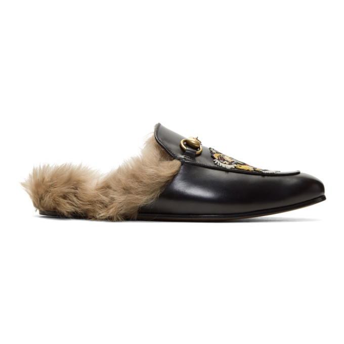 Gucci Black Fur Tiger Princetown Slippers
