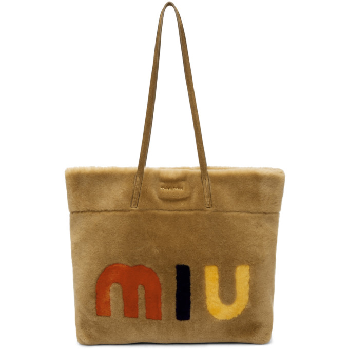 Miu Miu Tan Shearling Logo Tote