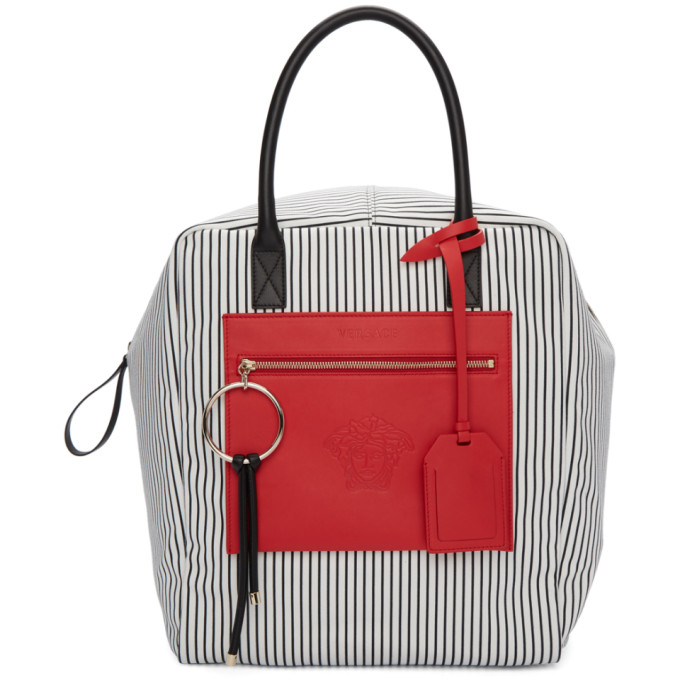 Versace Black & Red Large Canvas Striped Daydreamer Tote