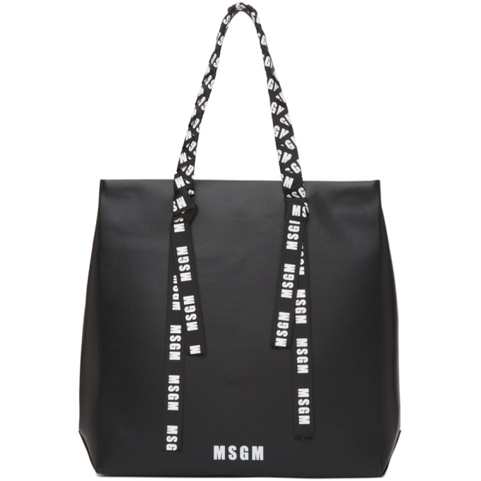 MSGM Black Large Logo Ribbon Shopper Tote