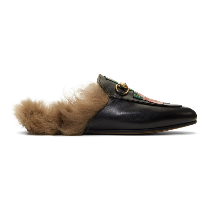 Gucci Black Floral Wool-Lined Princetown Slippers