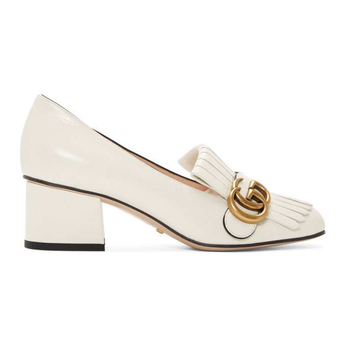 Gucci White GG Marmont Fringed Loafer Heels