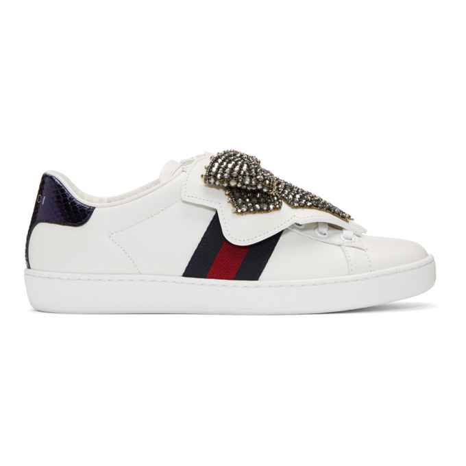 Gucci White Crystal Bow Ace Sneakers