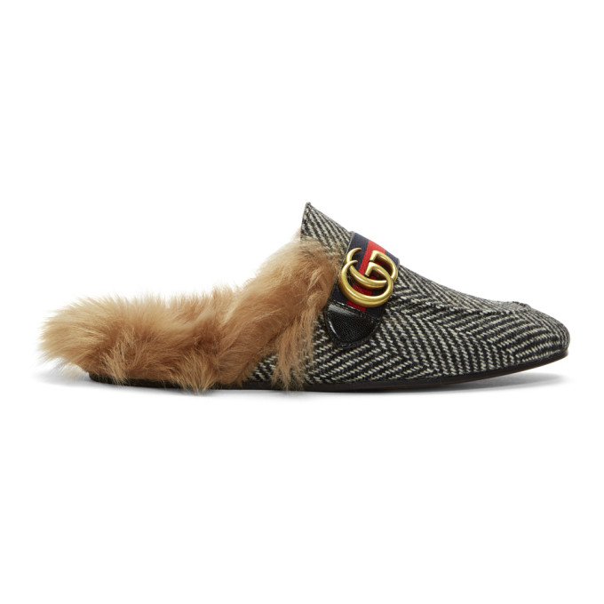 Gucci Black & White Herringbone Wool-Lined Princetown Slip-On Loafers