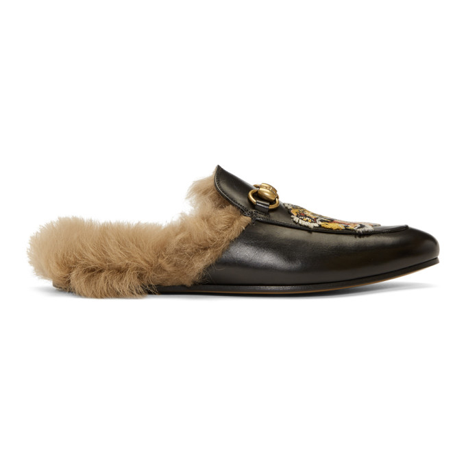 Gucci Black Wool-Lined Tiger Princetown Slippers