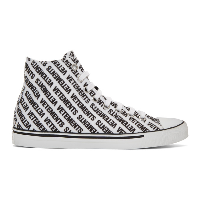 Vetements White & Black All Over Logo High-Top Sneakers