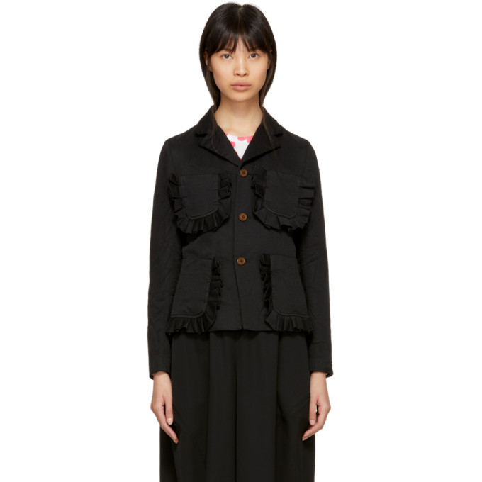 Comme des Garcons Girl Black Ruffle Pocket Crinkle Blazer Jacket