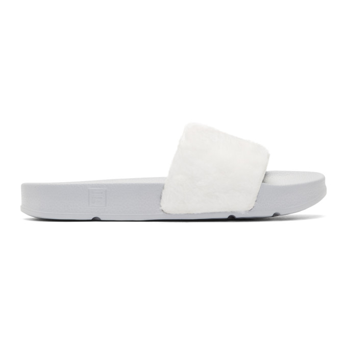 Baja East White & Grey Fila Edition Shearling Drifter Slides