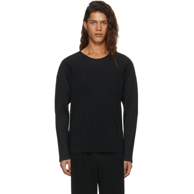 Homme Plissé Issey Miyake Black Long Sleeve Pleated T-Shirt - 181729M213003