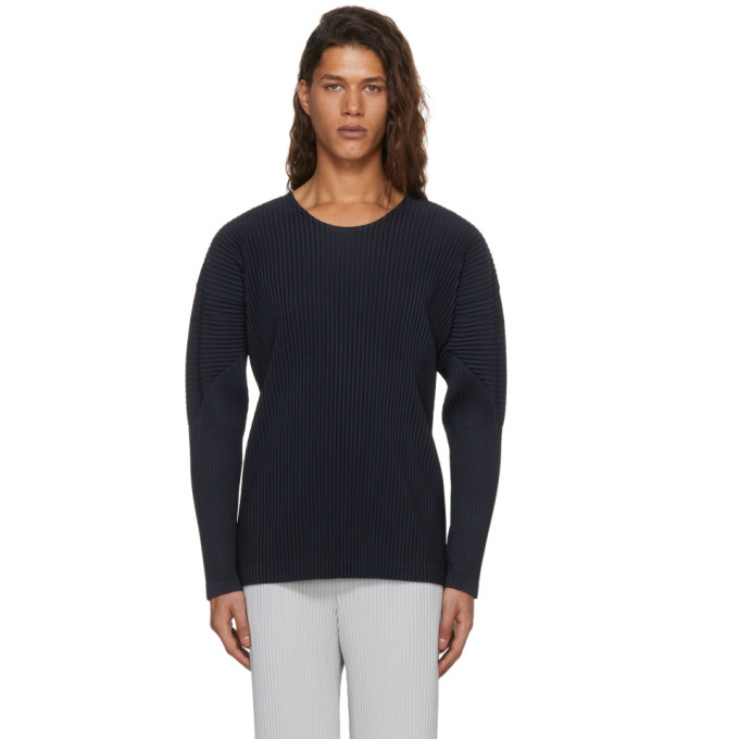 Homme Plissé Issey Miyake Navy Long Sleeve Pleated T-Shirt - 181729M213004