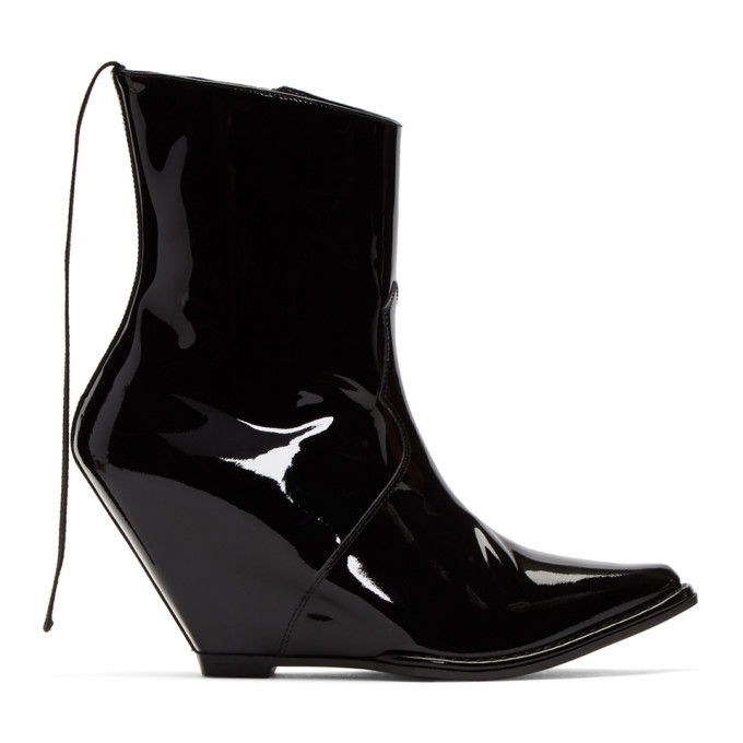 Unravel Black Latex Low Wedge Boots