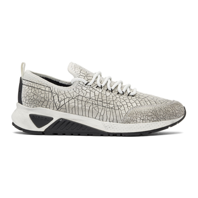 Diesel White & Black Cracked Runner Sneakers