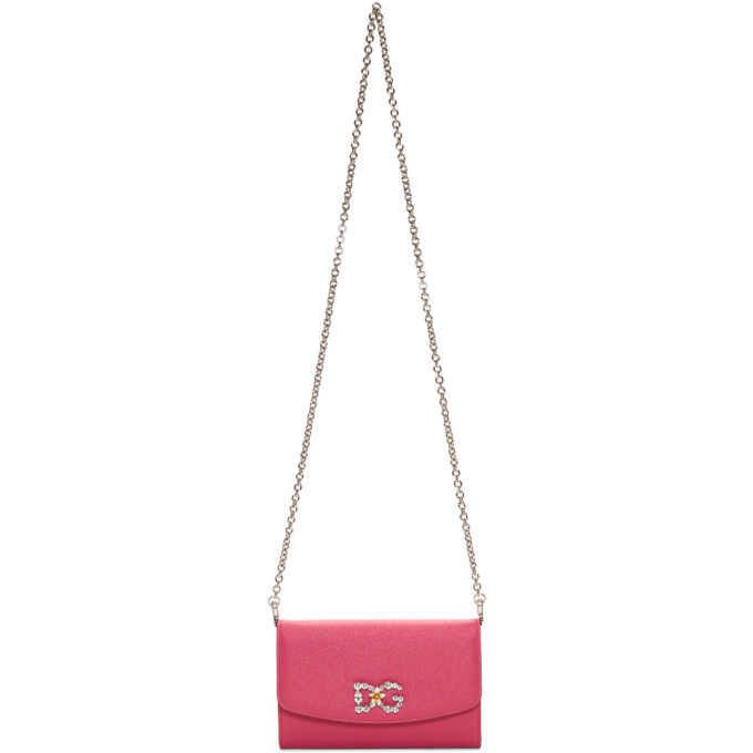 Dolce & Gabbana Pink Crystal Logo Wallet Chain Bag