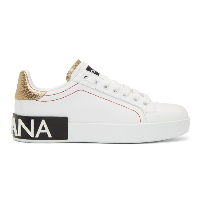 Dolce & Gabbana White & Gold Portofino Logo Sneakers