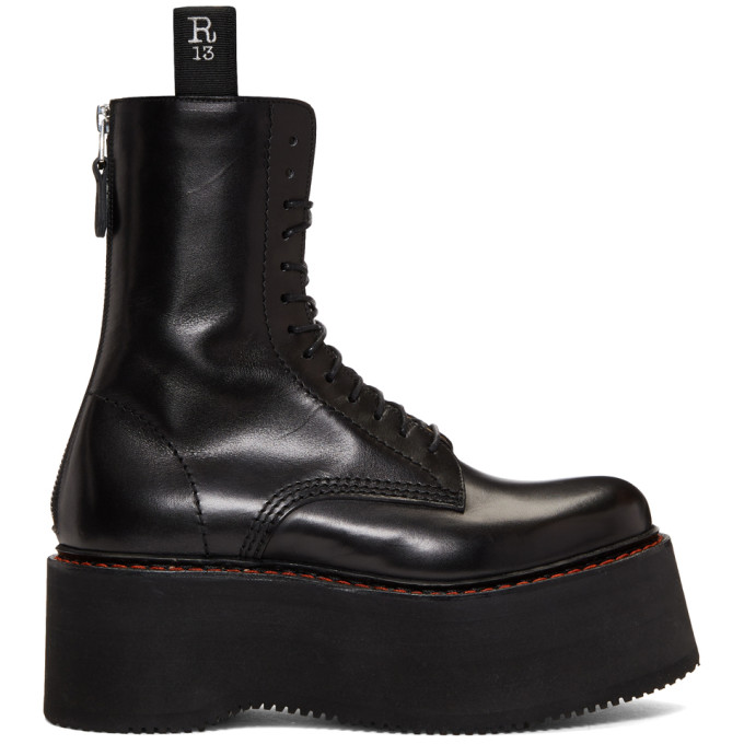 R13 Black Three Stack Platform Lace-Up Boots
