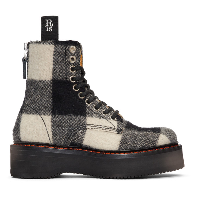 R13 Black & White Plaid Single Stack Boots