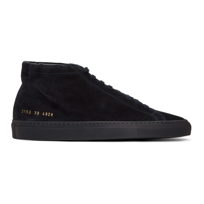 Common Projects Navy Suede Original Achilles Mid Sneakers