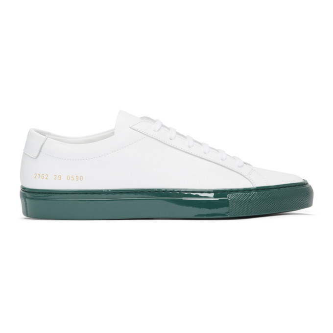 Common Projects White & Green Shiny Sole Achilles Low Sneakers