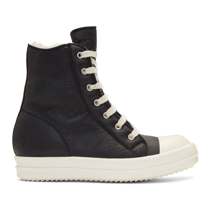 Rick Owens Black Shearling High-Top Sneakers
