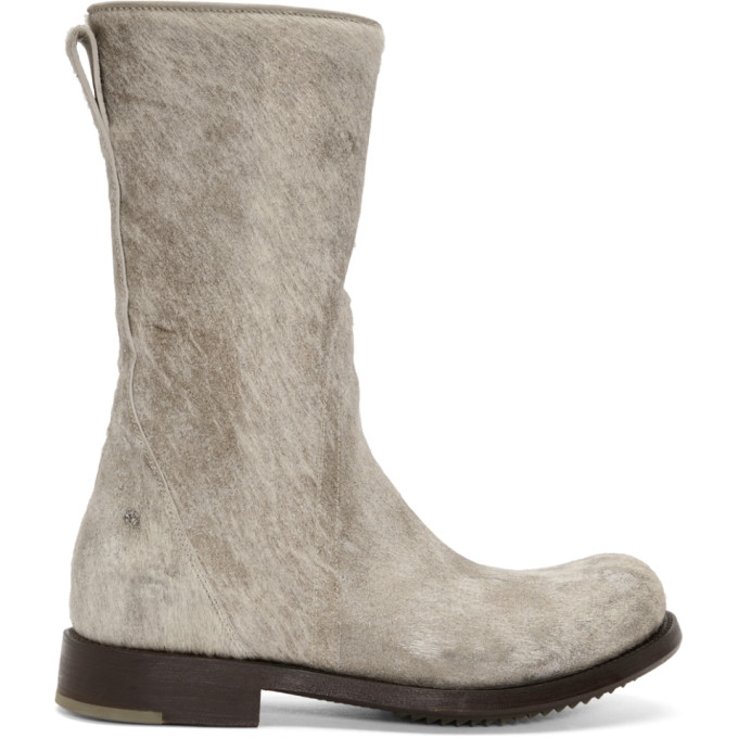 Rick Owens Off-White & Brown Calf-Hair Cop Zip Boots