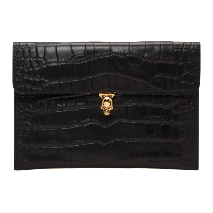 Alexander McQueen Black Croc Skull Envelope Clutch