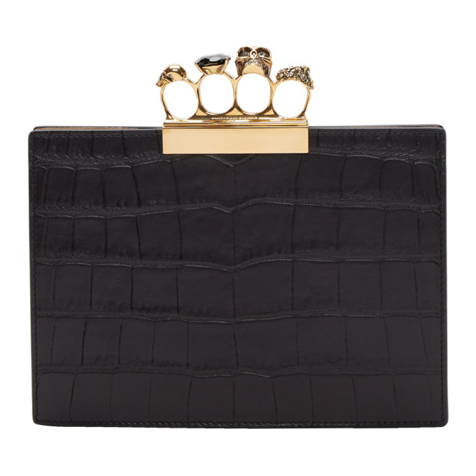 Alexander McQueen Black Croc North South Knuckle Clasp Pouch