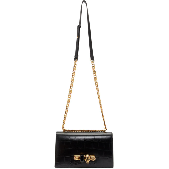Alexander McQueen Black Croc-Embossed Knuckle Chain Bag