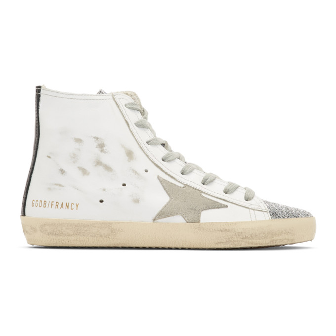 Golden Goose White Francy Swarovski Thong High Top Sneakers