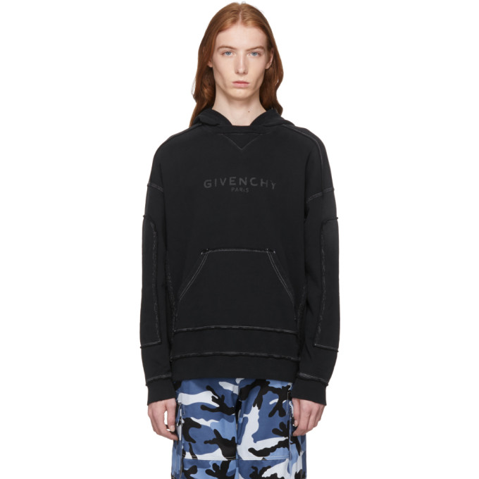 Givenchy Men's Triple-stitch Destroyed-logo Hoodie Sweatshirt In Black