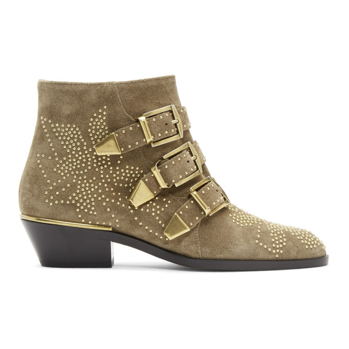 Chloe Beige Embellished Three Strap Ankle Boots