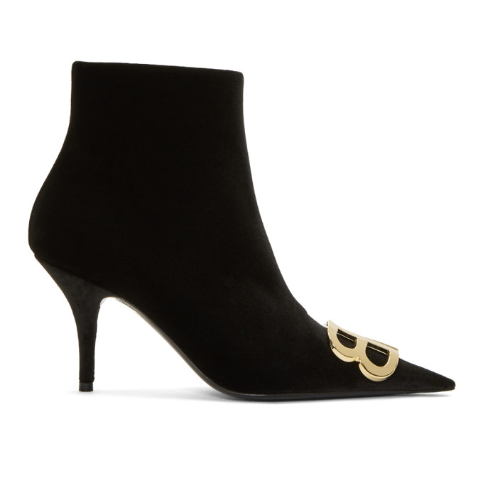 Balenciaga Black Velvet Logo Plaque Boots