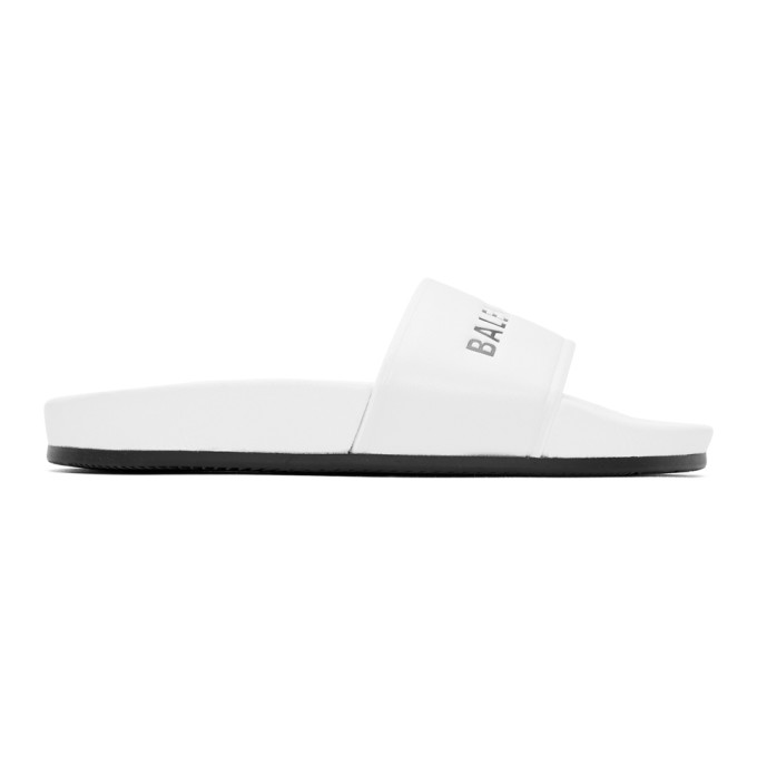 Balenciaga White Leather Pool Slides