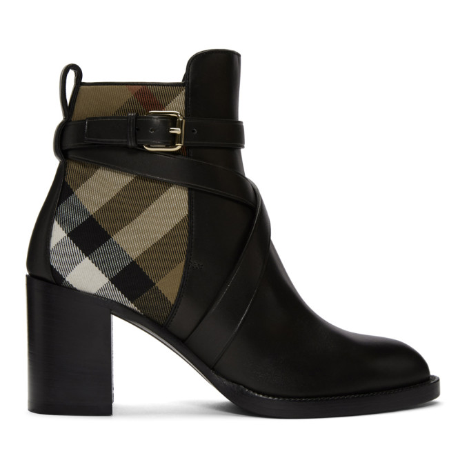 Burberry Black & Beige Check Vaughan 70 Ankle Boots